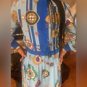 Vintage Castleberry Blue and Gold polyester 2 pc skirt set